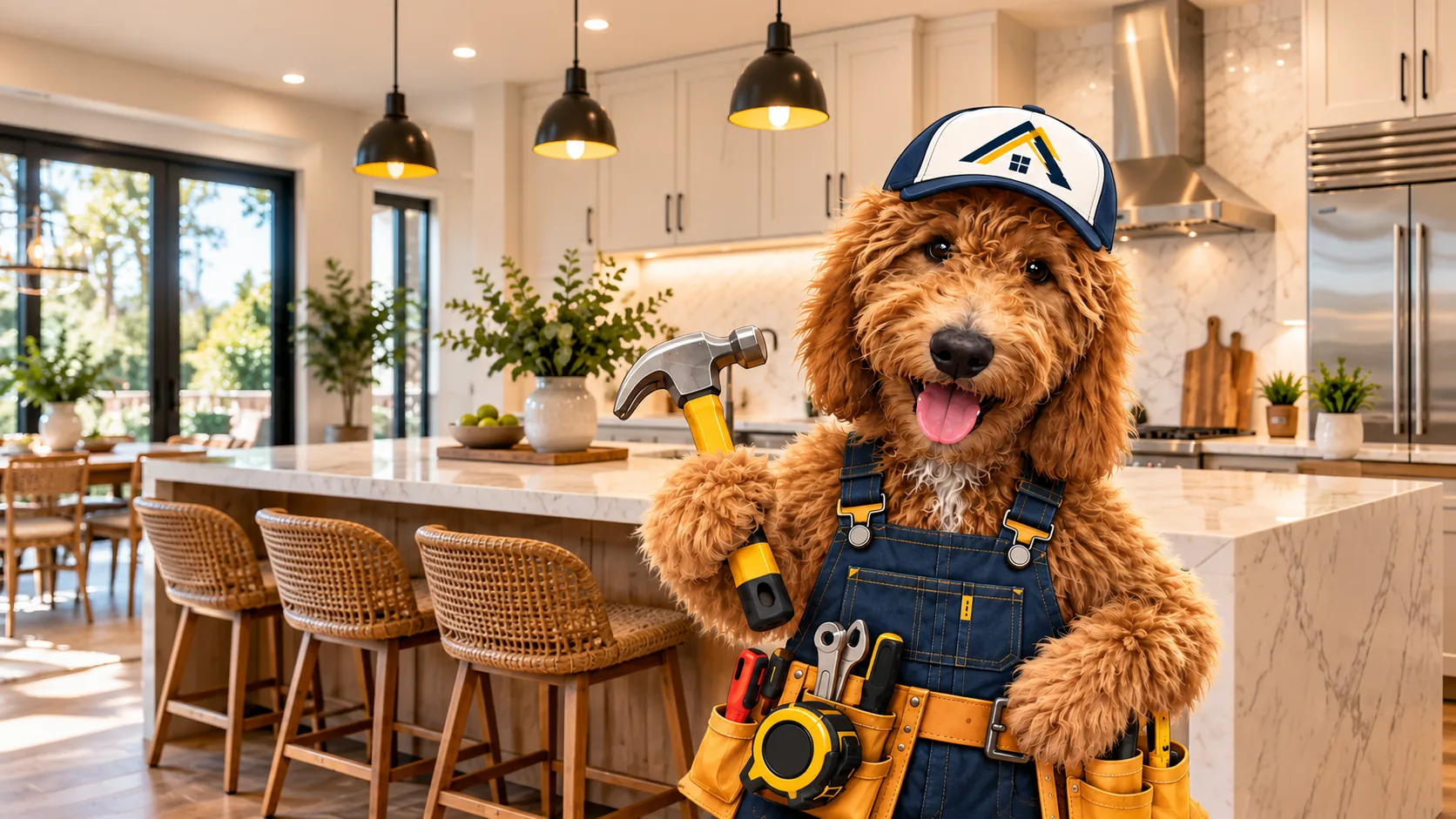 The Ambrocini Construction mascot — a smiling doodle in Ambrocini overalls, cap and tool belt, holding a hammer — in a bright remodeled kitchen.